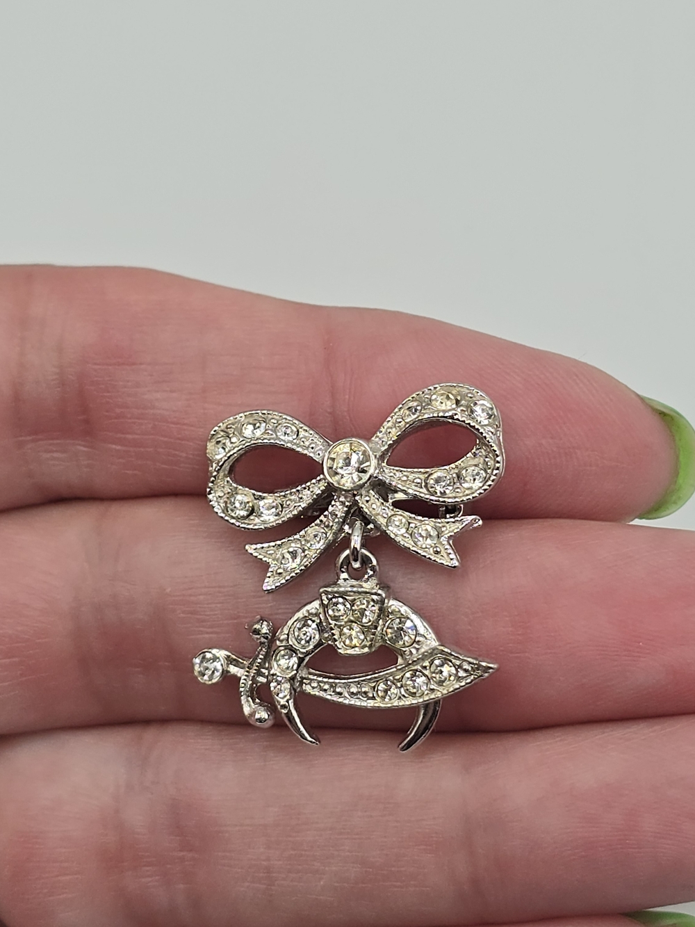 Vintage ORA Rhinestone Bow Shriners Scimitar Dangle Brooch Silver Tone Pin 1"